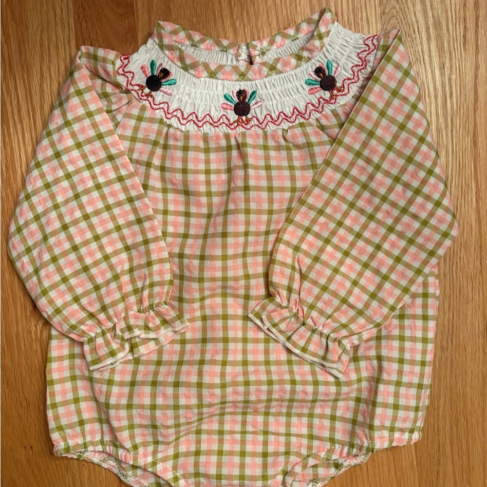 Green and Pink Plaid Baby Romper with Turkey Embroidered Collar Thanksgiving